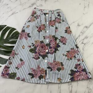 Styles To Go Womens Vintage 90s Midi Skirt Size 4 Blue Stripe Floral Pockets